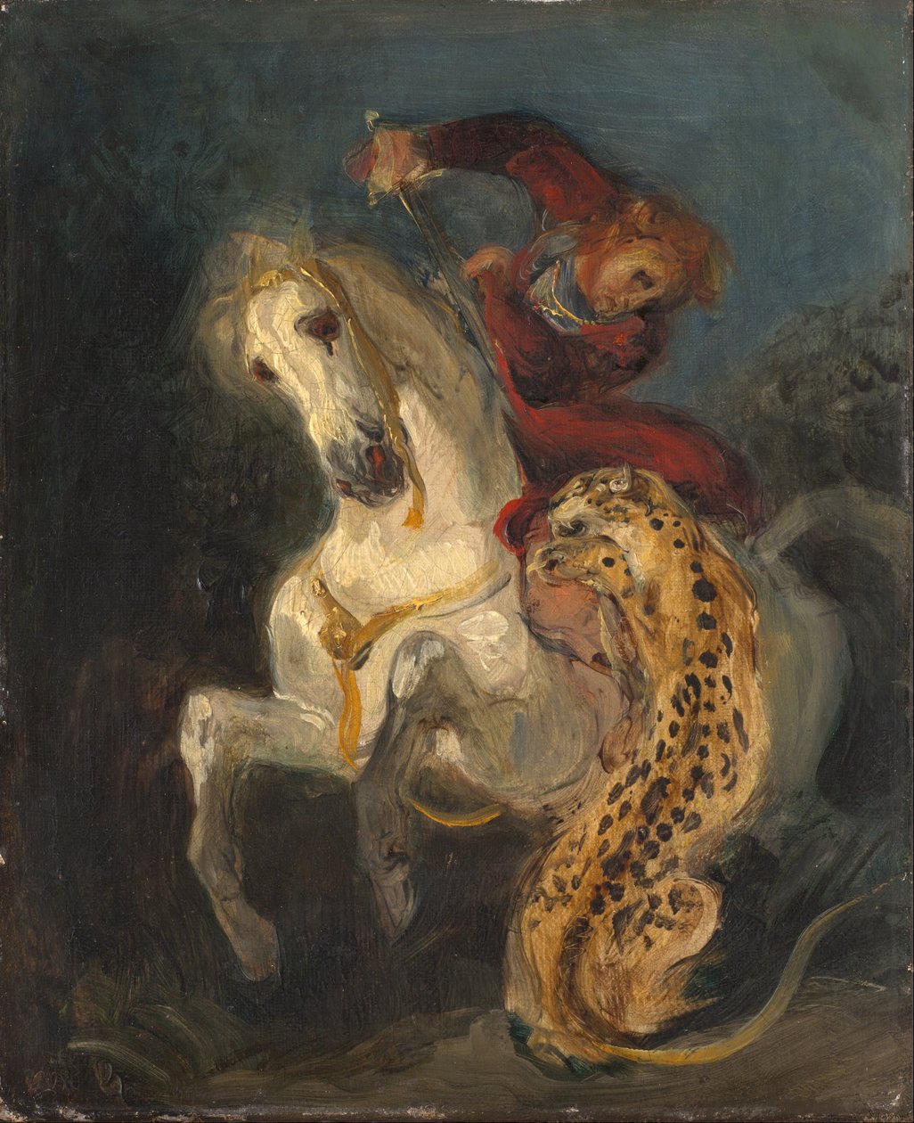 Jaguaari hyökkäsi ratsastajan kimppuun tekijältä Eugène Delacroix