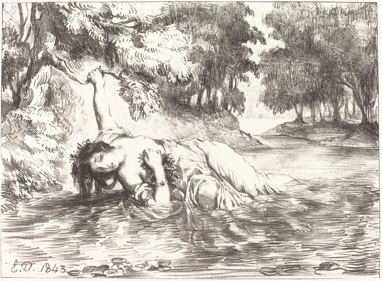 Ofelian kuolema, näytös IV, kohtaus VII, 1843. tekijältä Eugène Delacroix