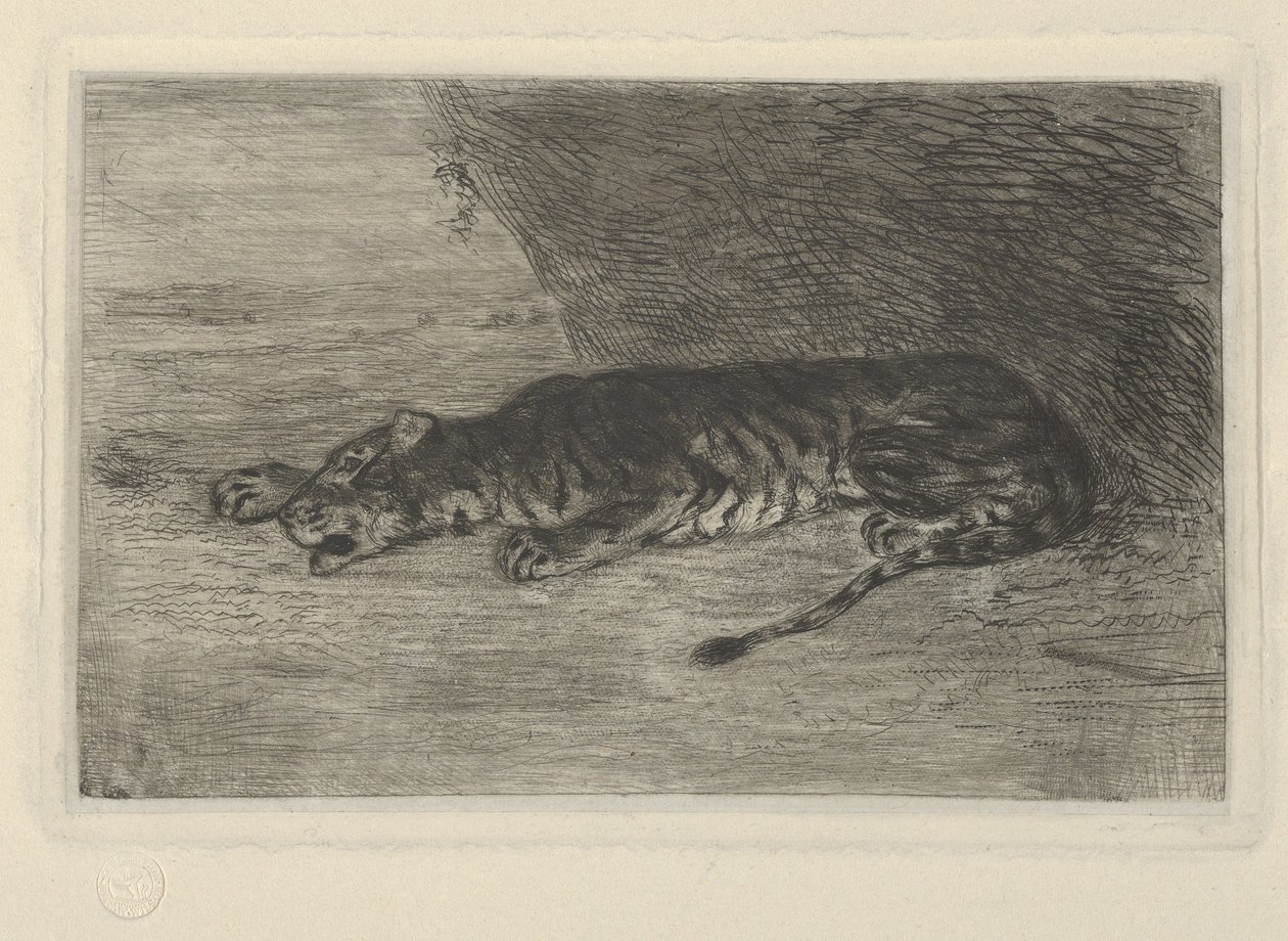 Tiikeri makaa luolansa sisäänkäynnissä, n. 1828-30, n. 1828-30. tekijältä Eugène Delacroix