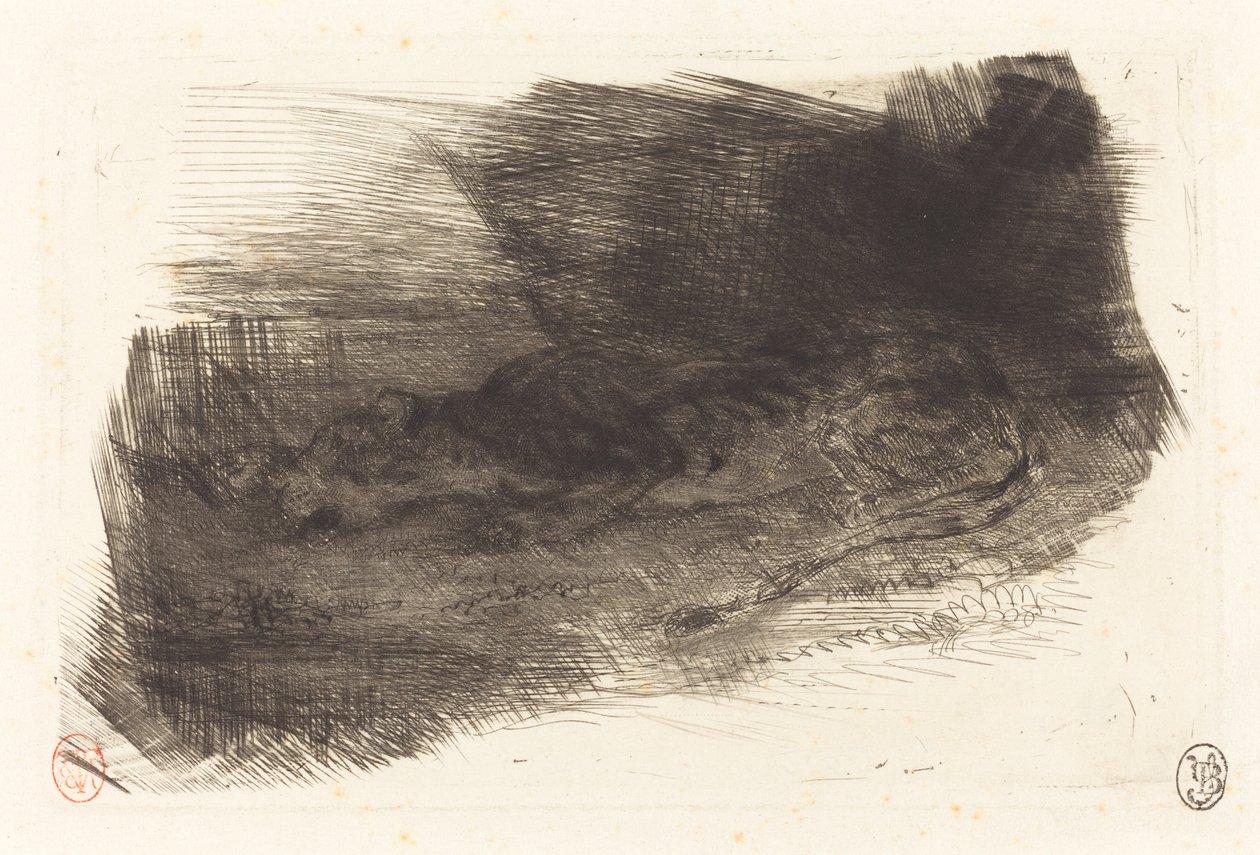 Tiikeri nukkuu pesänsä sisäänkäynnissä Tiger Sleeping on sisäänkäynnin luotain, c. 18281833. tekijältä Eugène Delacroix