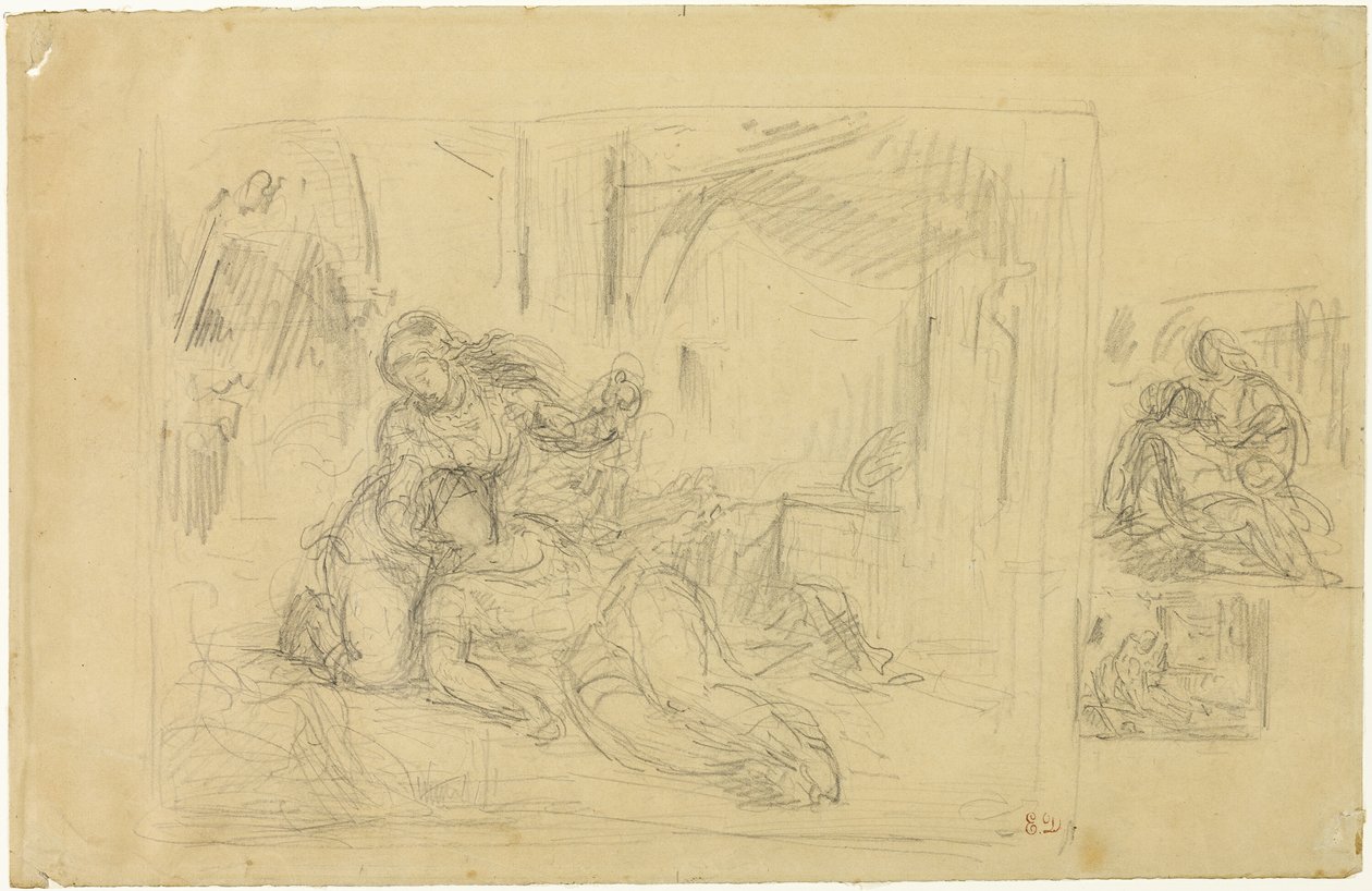 Nainen kuolee (?), Mies makuuhuoneessa, kaksi luonnosta samasta tekijältä Eugène Delacroix