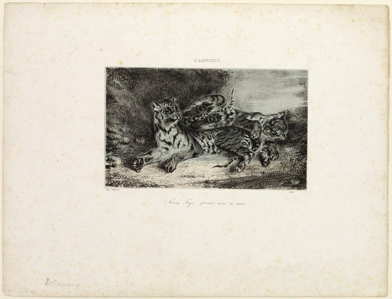 Nuori tiikeri leikkii äitinsä kanssa tekijältä Eugène Delacroix
