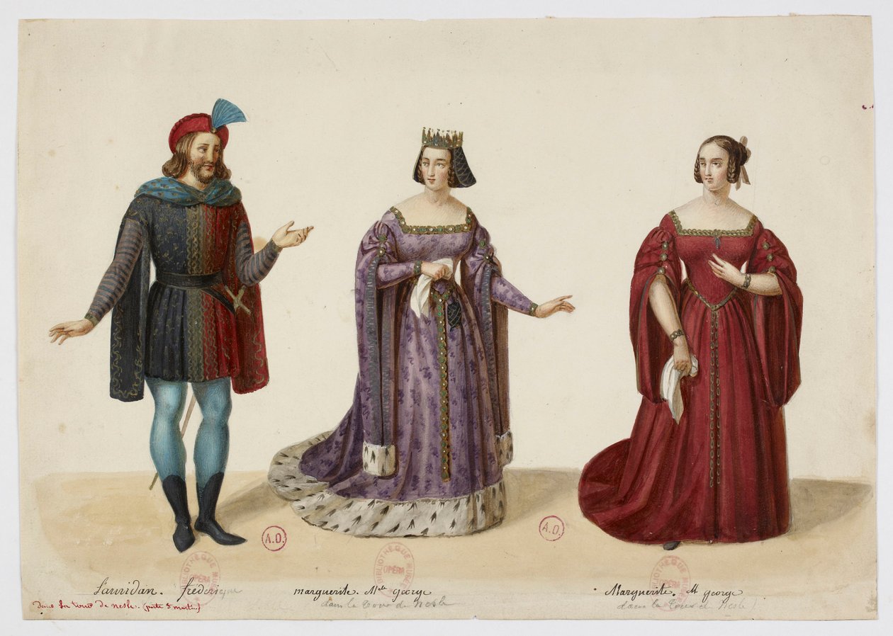 Puvut - Frederic Lemaitre Buridanina, Mlle George Marguerite de Bourgogne (La Tour de Nesle, syyskuu 1832). tekijältä Eugène Du Faget