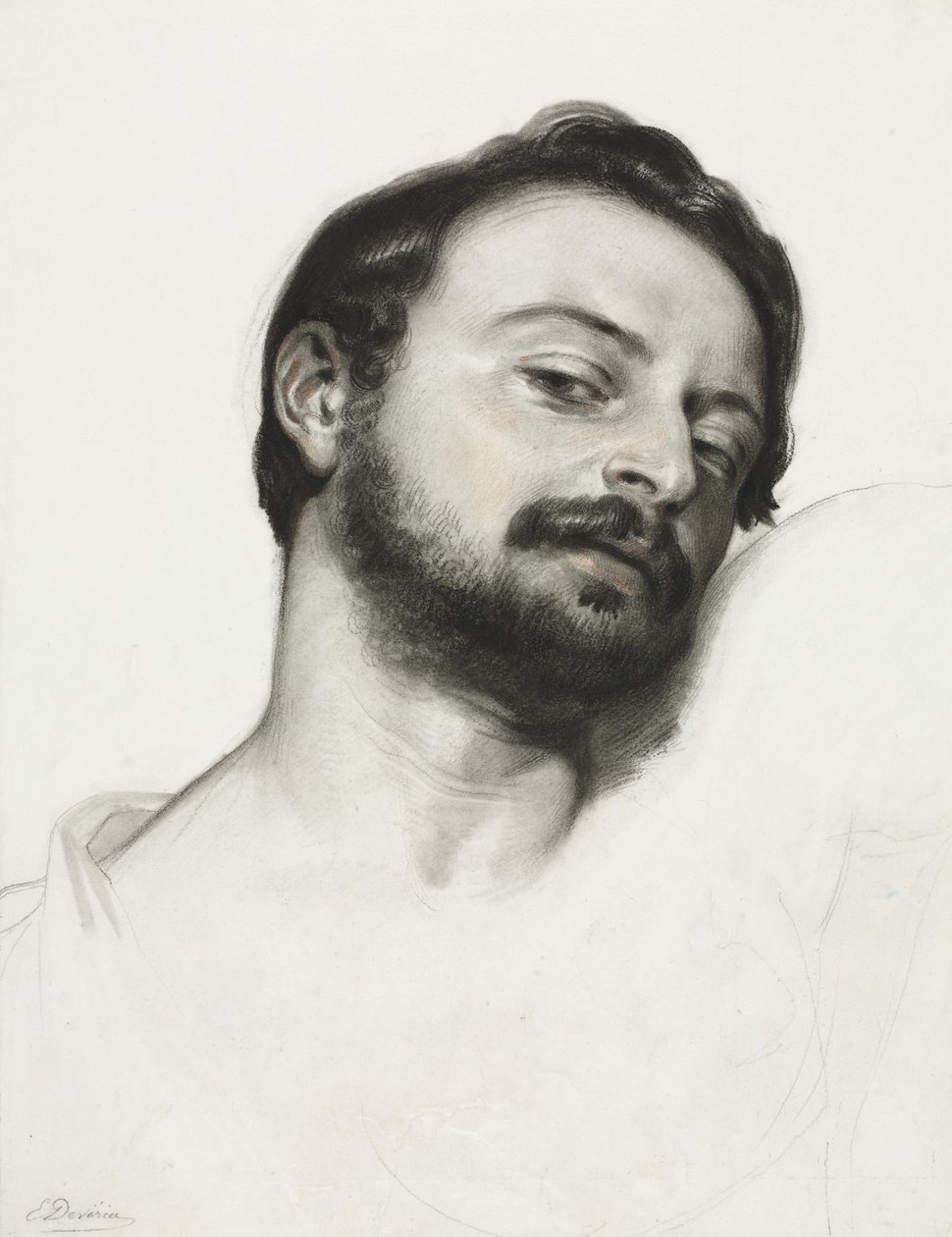 Miehen pää (hiili korotettuna sanguineella valkoisella kartongilla) tekijältä Eugène François Marie Joseph Devéria