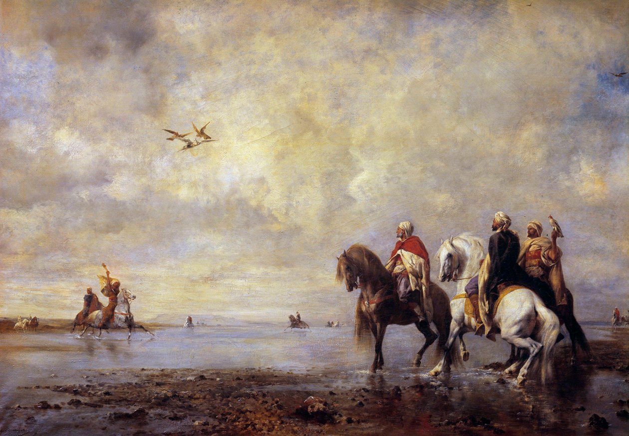 Haikara metsästää arabialaisia hevosmiehiä metsästämässä haikaroita. Eugene Fromentinin (1820-1876) maalaus 1865 su. 0,99 x 1,42 m Chantilly, Musee Conde tekijältä Eugène Fromentin
