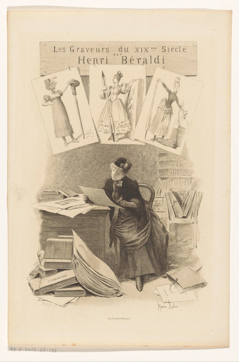 Nainen katselee kuvia pöydän takana Nimisivu: Henri Béraldi, Les engravers du XIXe siècle, 1899 tekijältä Eugène Gaujean
