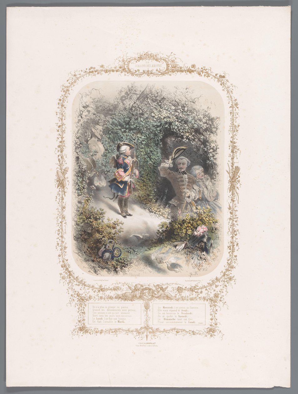 Twee geliefden groeten Cupido Meillä ei ole enää iloa tai tuskaa, kun tuloksia ennakoidaan (...) (otsikko esineessä) Week van de liefde (sarjan nimi) Rakkausviikko (sarjan nimi esineellä) tekijältä Eugène Guérard