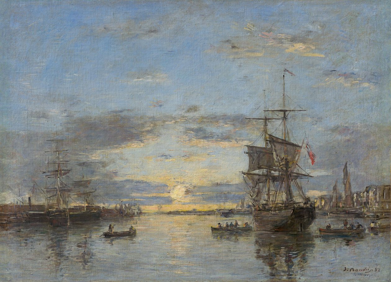Saksa: Le Havre. Ulkosatama auringonlaskun aikaan Le Havre: Ulkosatama auringonlaskun aikaan. tekijältä Eugene Louis Boudin