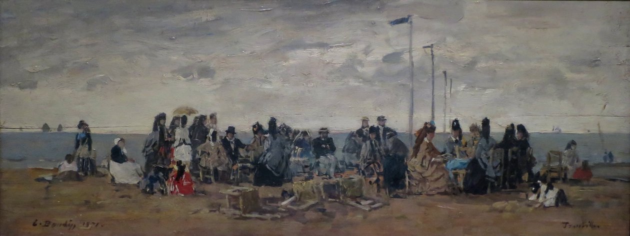 Kotava: "Piludafa nakila, Trouville (3) (trutca ke Boudin)"
French: Trouville. Rantakohtaus tekijältä Eugene Louis Boudin