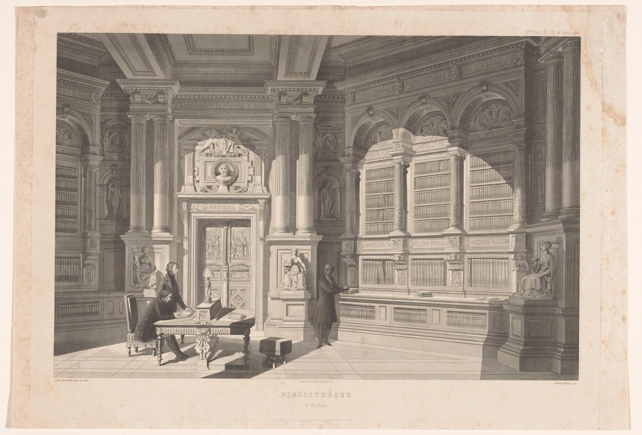 Kirjaston sisätilat Bibliothèque O. du Plan (otsikko esineessä) tekijältä Eugène Napoléon Varin
