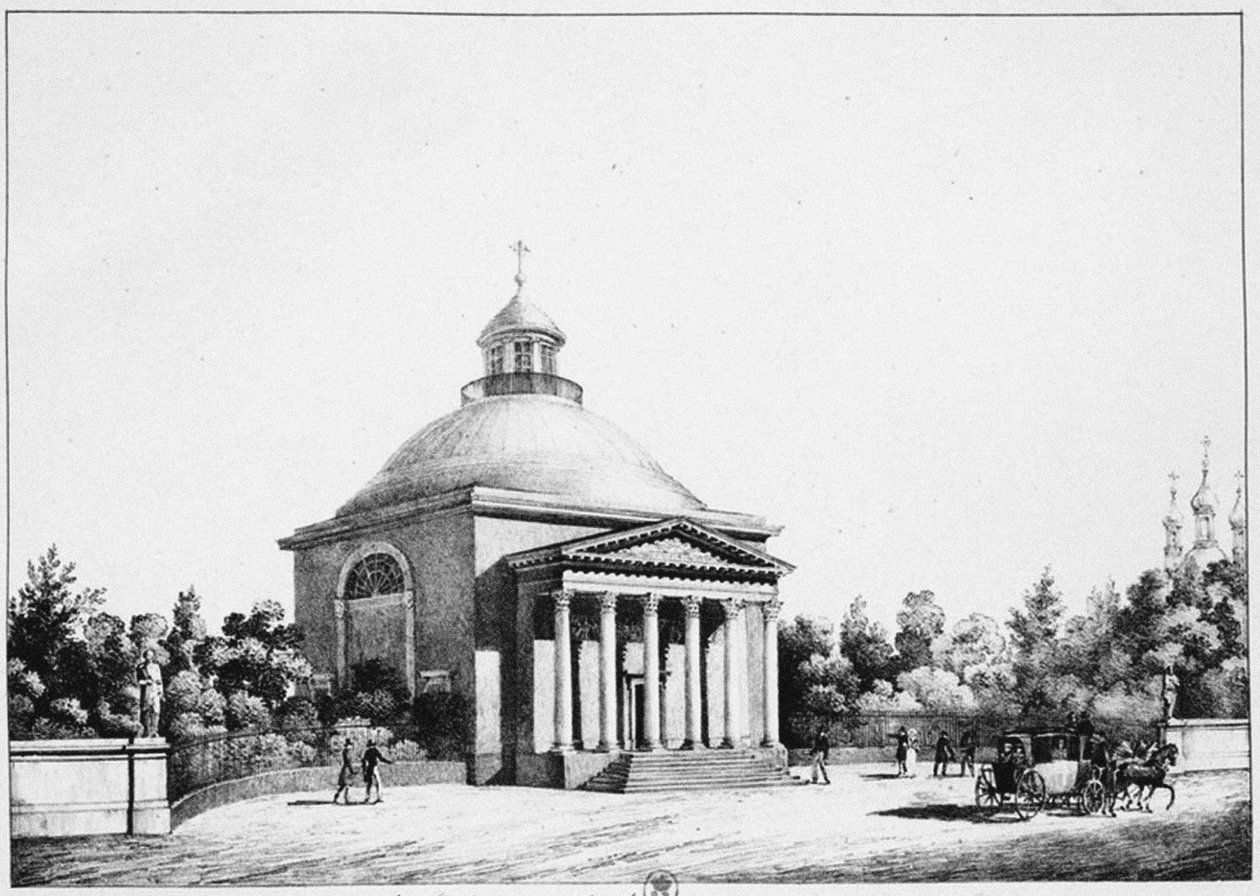Katolinen Pyhän Johannes Kastajan kirkko Tsarskoje Selossa, n. 1826 tekijältä Eugéne Pluchart