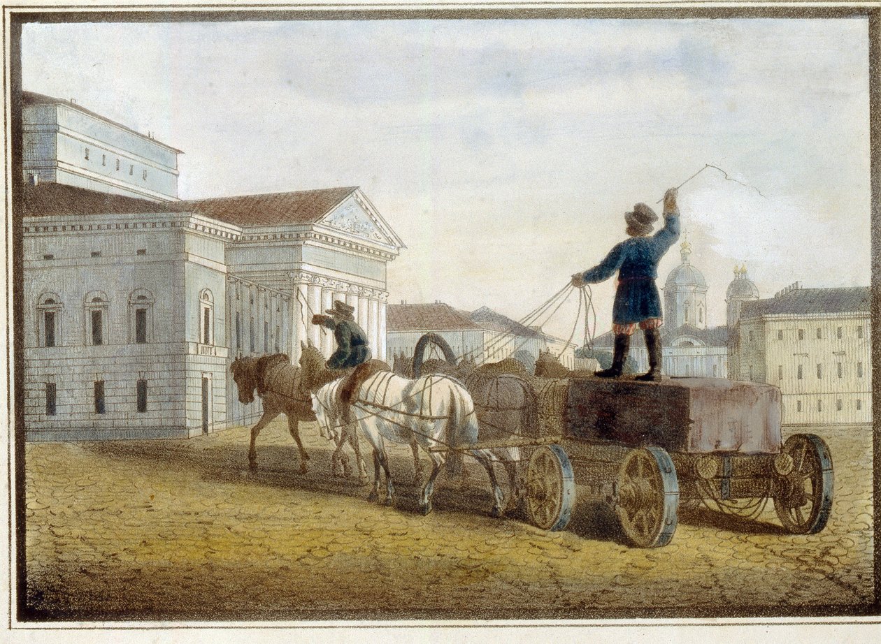 Graniittilohkojen kuljetus Pietarin teatteriaukiolle. Eugene Pluchartin (1809-1880) teos, akvarelli litografialle tekijältä Eugéne Pluchart