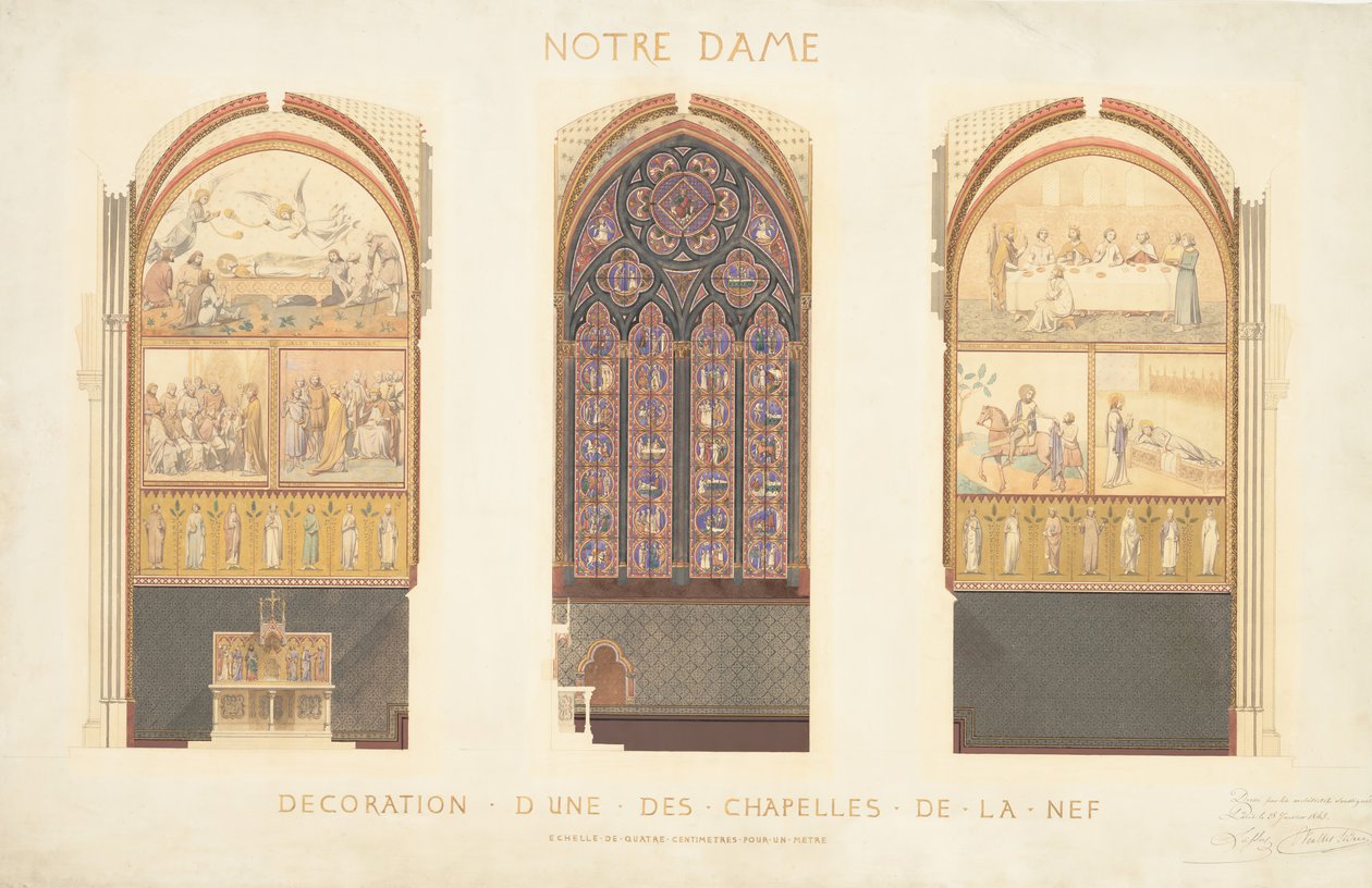 Suunnitelma kappelin kunnostamiseksi Notre Damen katedraalin laivissa Pariisissa, 1843. tekijältä Eugène Viollet le Duc