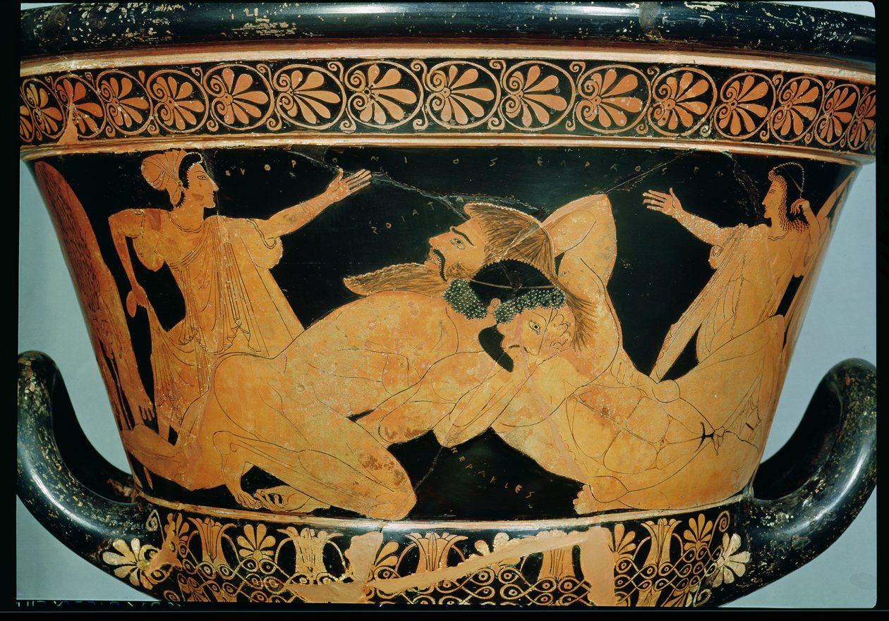 Ullakon punahahmoinen verhiökraatteri, joka kuvaa Heraklesta painimassa Antaeuksen kanssa, Cervetri, n. 510 eKr. (keraaminen) (katso myös 92569) tekijältä Euphronios
