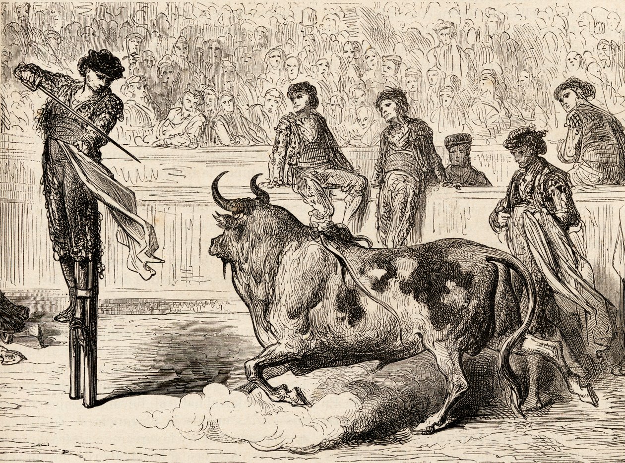 Härkätaistelija seisoi jaloillaan Sevillassa, Espanjassa, 1878 (puukaiverrus). tekijältä European School