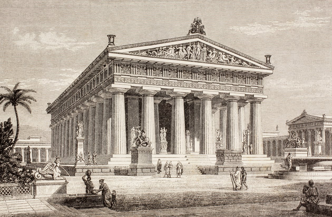 Taiteilijan näkemys Poseidonin temppelistä Paestumissa, El Mundo Ilustradosta, julkaistu Barcelonassa, 1880 tekijältä European School
