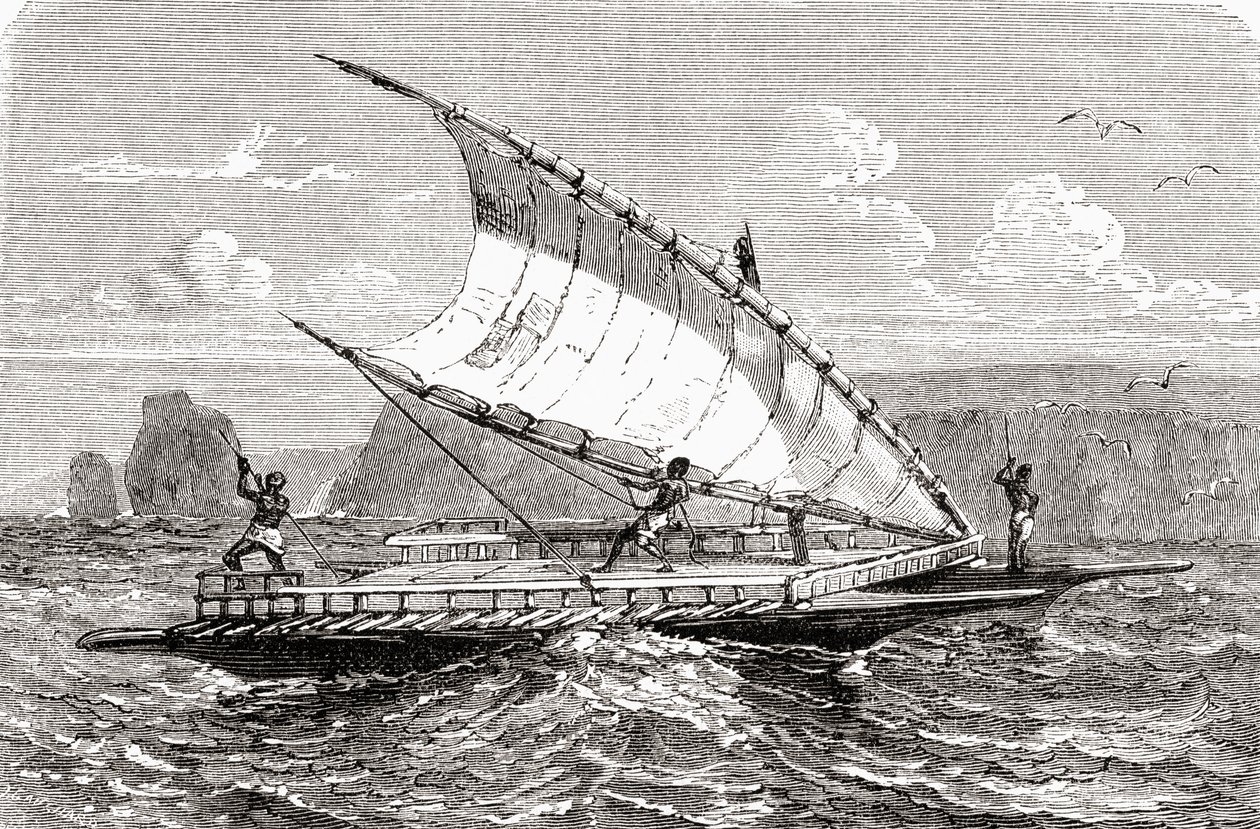 Uusi-Kaledonian kaksinkertainen kanootti, "El Mundo en la Mano", julkaistu 1878 tekijältä European School