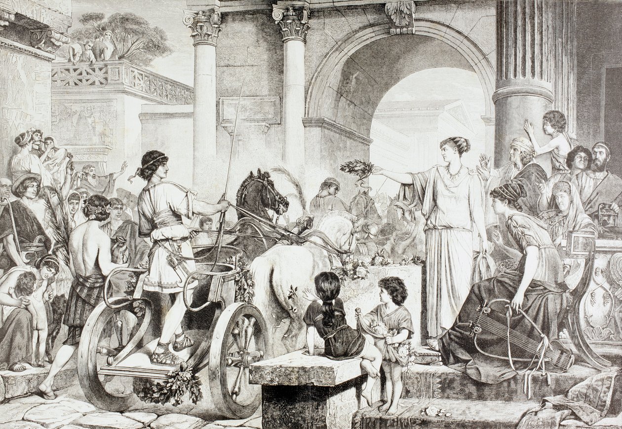 Chariot Race -kilpailun loppu antiikin Kreikan olympialaisissa, "El Mundo Ilustrado", julkaistu Barcelona, 1880 tekijältä European School