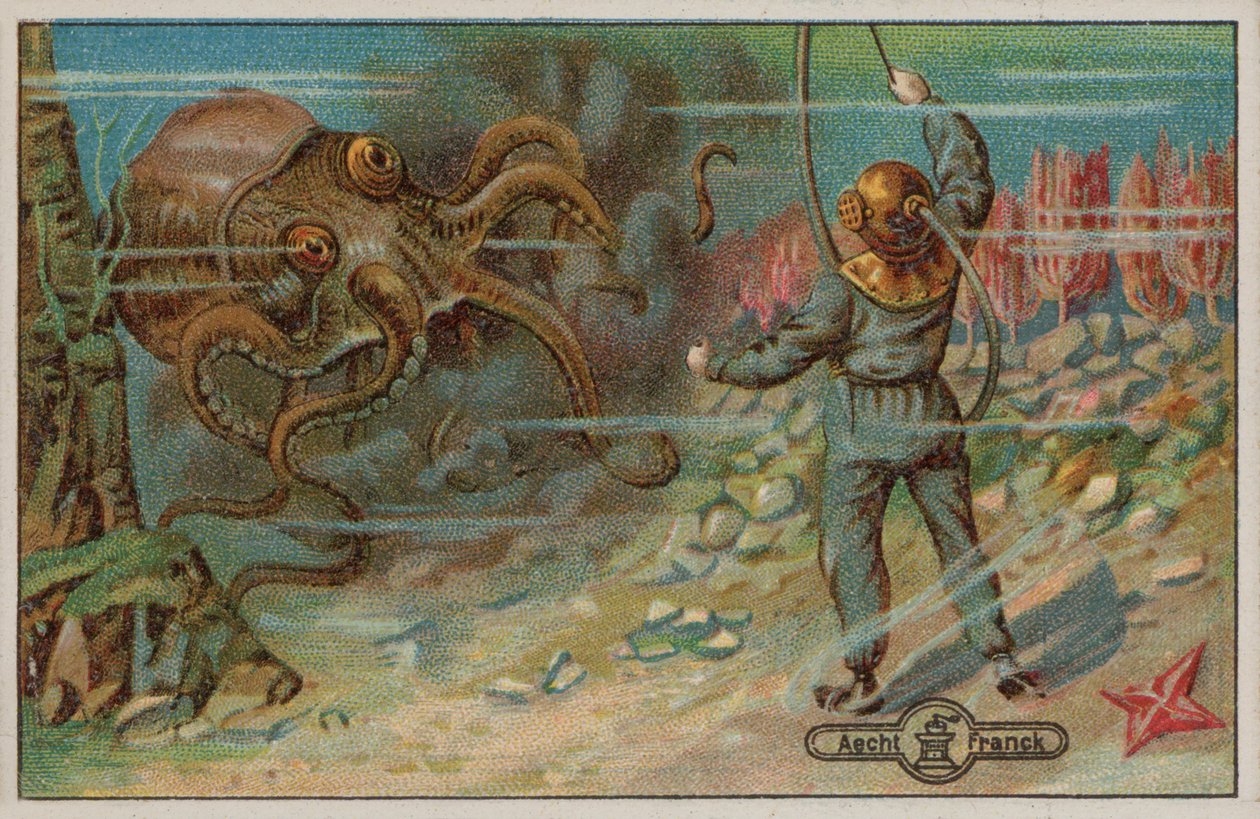 Sukeltajaa uhkaa mustekala (chromolitho). tekijältä European School