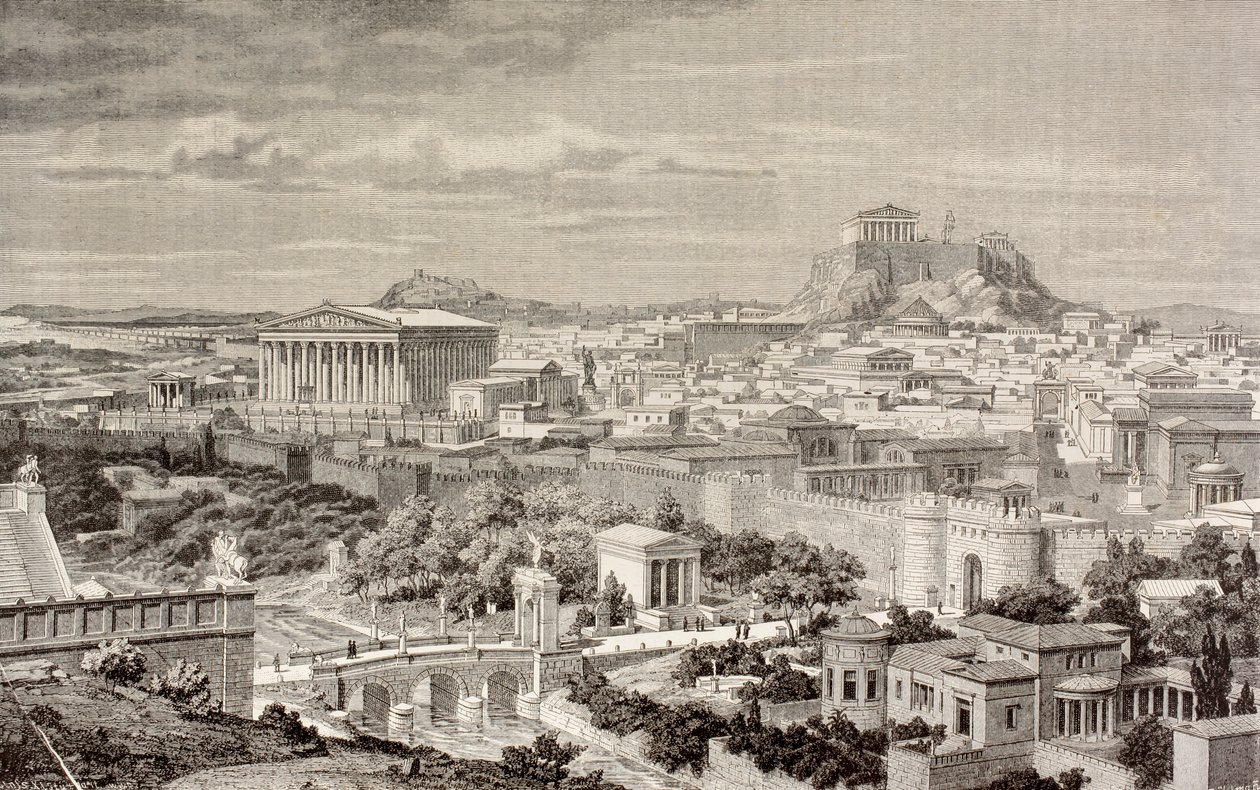Taiteilijan näkemys Ateenasta keisari Hadrianuksen aikaan, Barcelonassa 1880 julkaistusta "El Mundo Ilustradosta" tekijältä European School