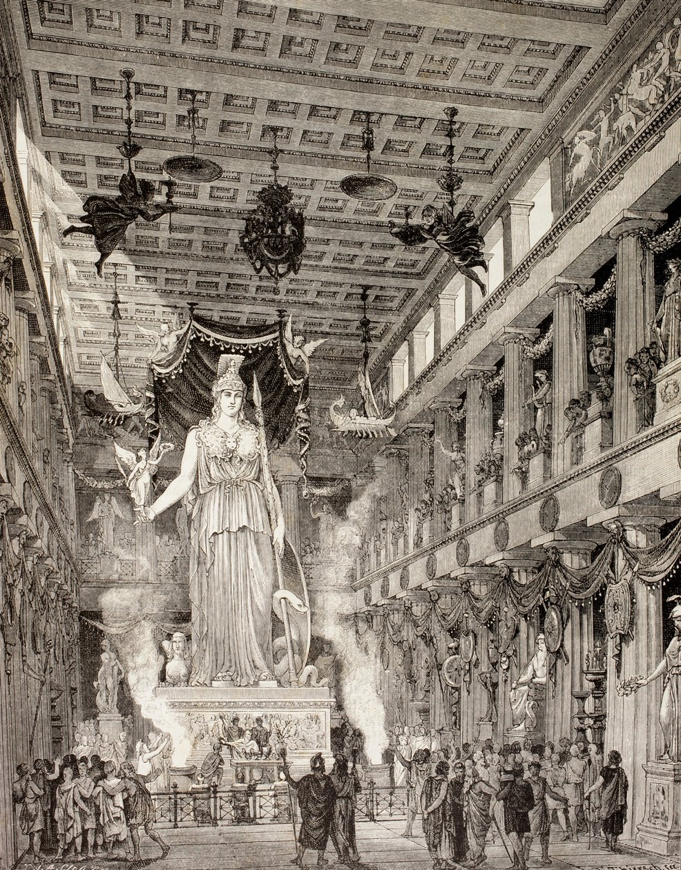 Taiteilijan näkemys Ateenan Parthenonissa sijaitsevasta jumalatar Athenen patsaasta klassisen aikakauden aikana, El Mundo Ilustradosta, julkaistu Barcelona, 1880 (litho) tekijältä European School