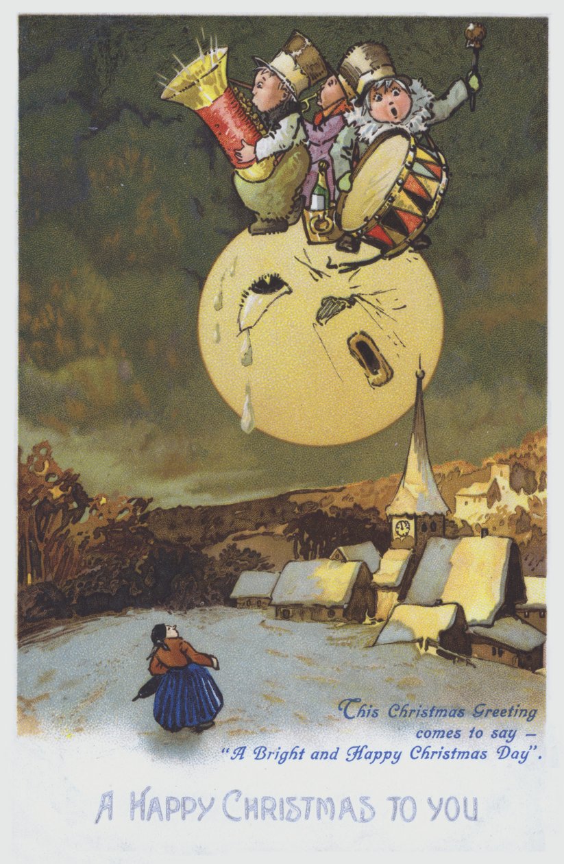 Joulutervehdyskortti, jossa muusikkojoukko kuussa lumisen kaupungin yllä. (chromolitho) tekijältä European School
