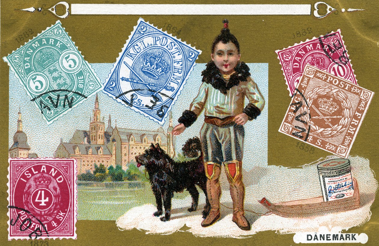 Tanskalaiset ja islantilaiset postimerkit, joissa on inuiittilapsi ja hänen koiransa, 1897 tekijältä European School