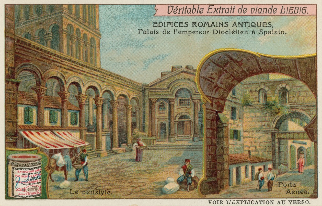 Diocletianuksen palatsi Splitissä Kroatiassa, jossa on yksityiskohta Colonnadista ja eteläisestä meriportista (chromolitho). tekijältä European School