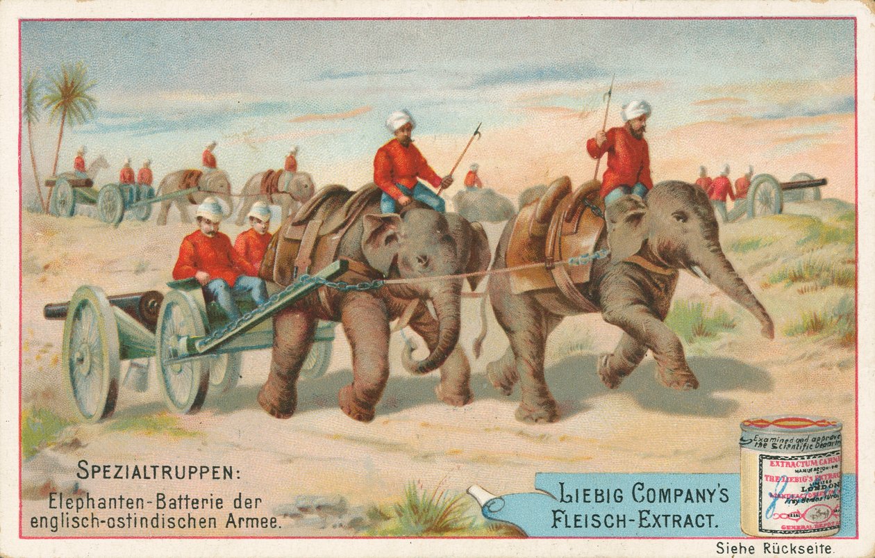 Englantilaisia sotilaita norsujen vetämänä Intiassa, Liebig-kortti, 1900-luvun alku (kromo) tekijältä European School