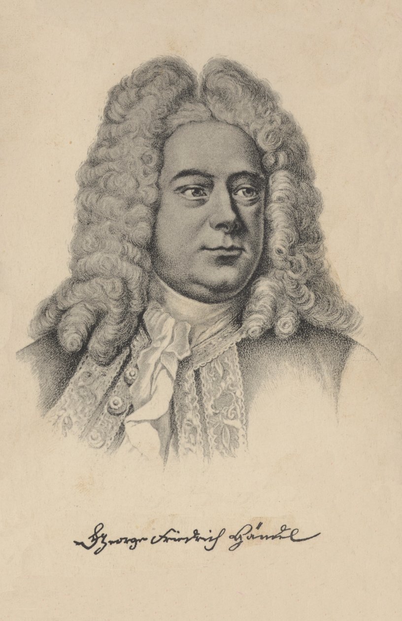 Yrjö Frideric Händel, saksalaissyntyinen brittiläinen barokkisäveltäjä (litografia). tekijältä European School