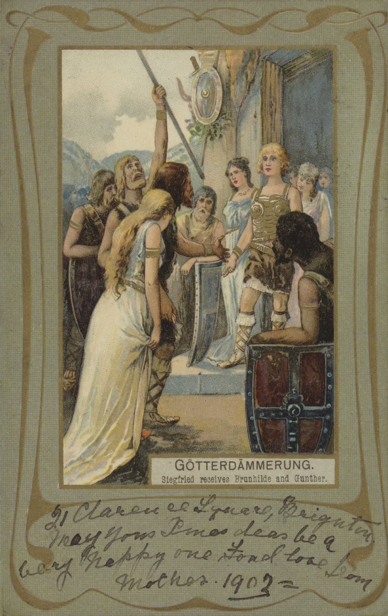 Gotterdammerung, Siegfried vastaanottaa Brunhilden ja Guntherin (värilitografia). tekijältä European School