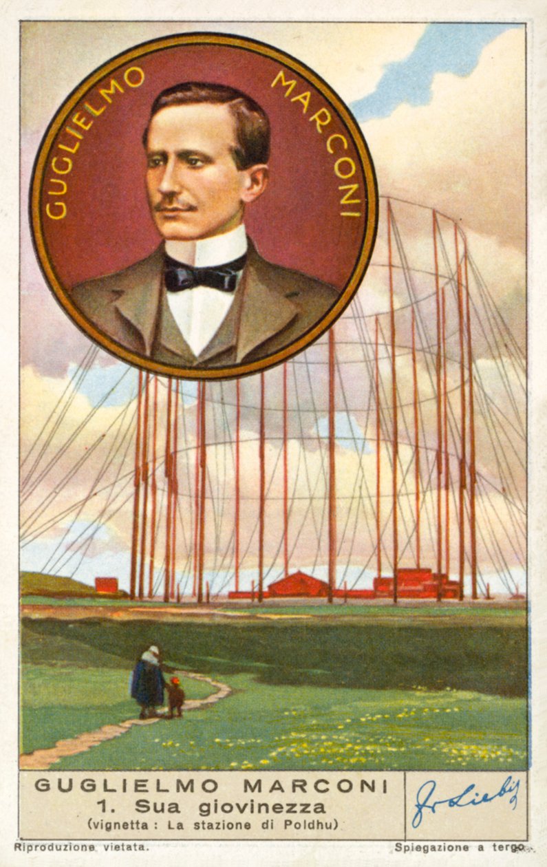 Guglielmo Marconi, italialainen keksijä ja radion uranuurtaja, ja hänen langaton asemansa Poldhussa, Cornwallissa (kromoliittikuva). tekijältä European School