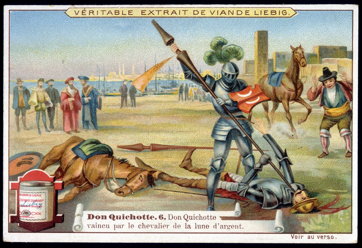 Liebigin kromolitografia: Don Quijote: Sarja "Don Quijote", nro 6: Don Quijote hopeisen kuun ritarin kukistamana: Sarja "Don Quijote", nro 6: Don Quijote hopeisen kuun ritarin kukistamana. tekijältä European School