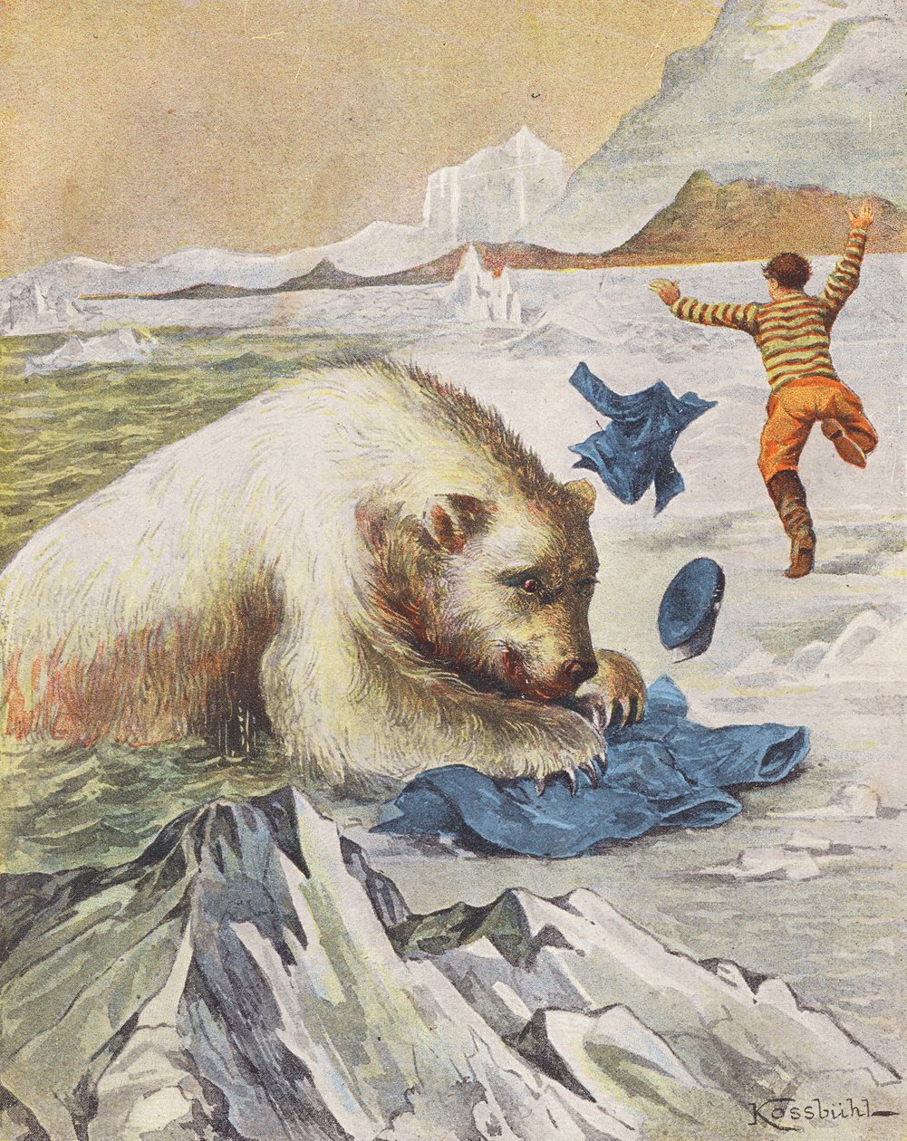 Mies pakenee jääkarhun hyökkäystä (värilitografia). tekijältä European School