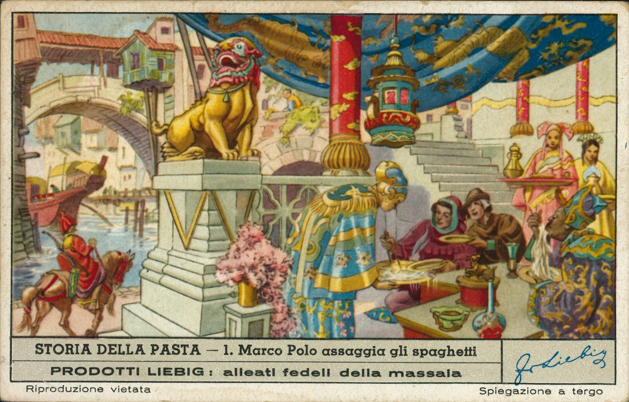 Marco Polo maistaa spagettia Kiinassa (chromolitho) tekijältä European School