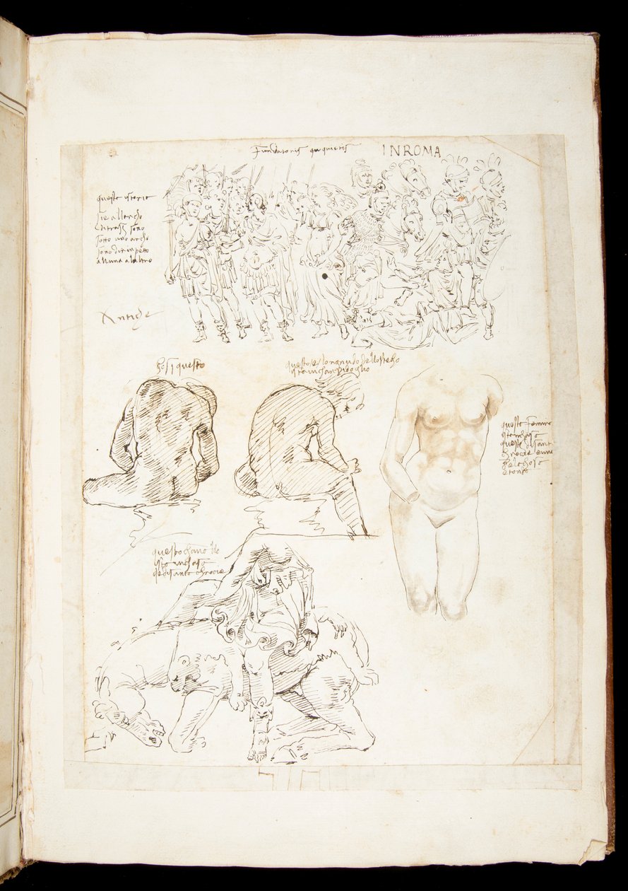 Ms 701 fl.34v, piirustus sisältäen näkymän Spinarioon takaapäin, 1400-luvun loppu (kynä ja muste paperille) tekijältä European School