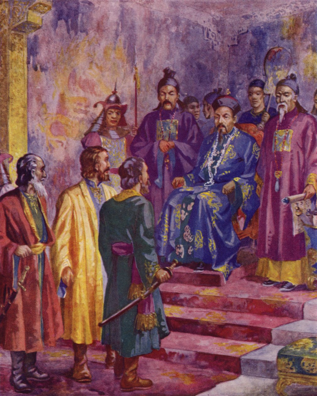 Niccolo, Maffaeo ja Marco Polo tapaamassa Kublai Khania, 1900-luku (värilitro). tekijältä European School