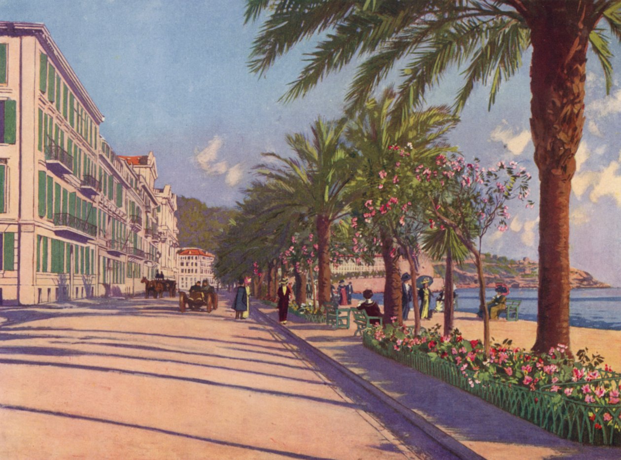 Nizza, Promenade du Midi itään (värilitografia). tekijältä European School