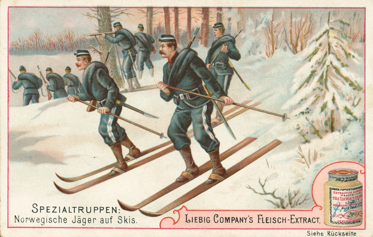 Norja, sotilaita suksilla, Liebig-kortti, 1900-luvun alku (kromo) tekijältä European School