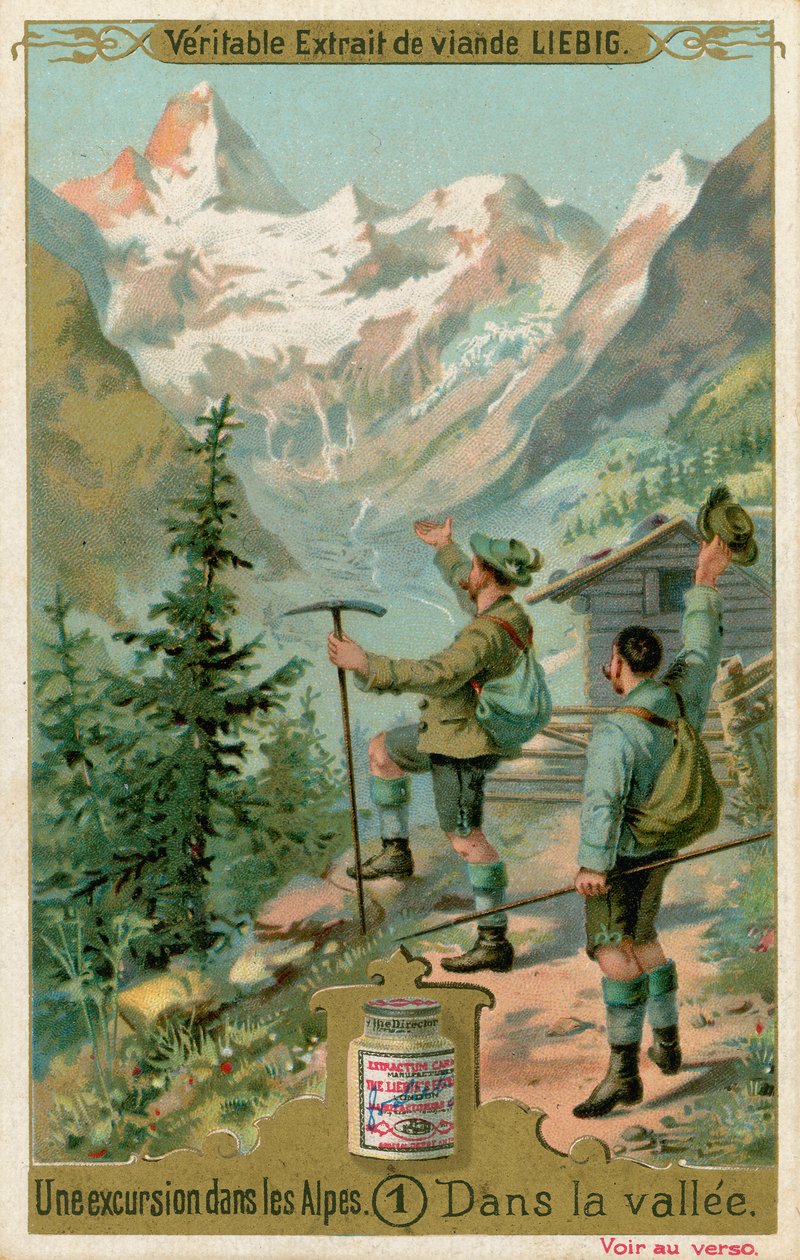 Kohtaus retkeltä Alpeilla: laaksossa (chromolitho) tekijältä European School