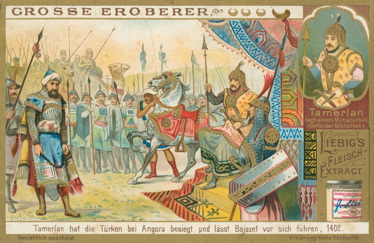 Tamburlaine valloittaa Bajazethin, Liebig-kortti, 1900-luvun alku (kromo) tekijältä European School
