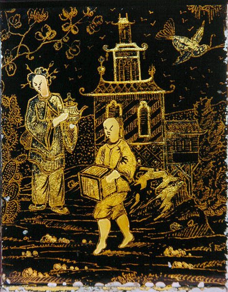 Tea Caddy kiinalaiseen tapaan kuvaa porteria ja teekannua kantavaa naista (metallia) tekijältä European School