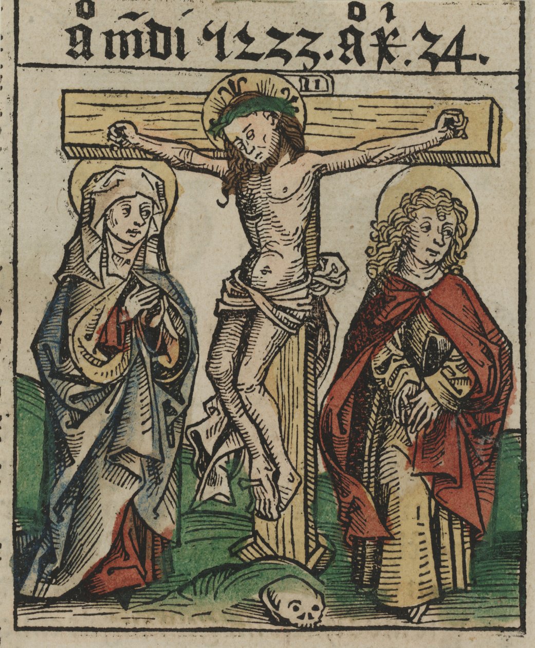 Ristiinnaulitseminen, 1400-luvun loppu (käsinvärinen puupiirros) tekijältä European School