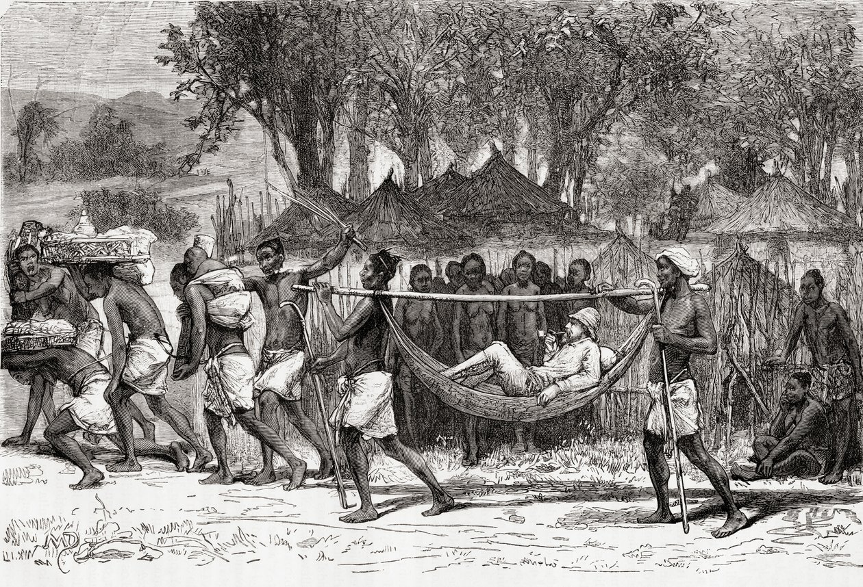 Verney Lovett Cameron saapuu Oulondan kylään Afrikassa, 1878 (puukaiverrus) tekijältä European School