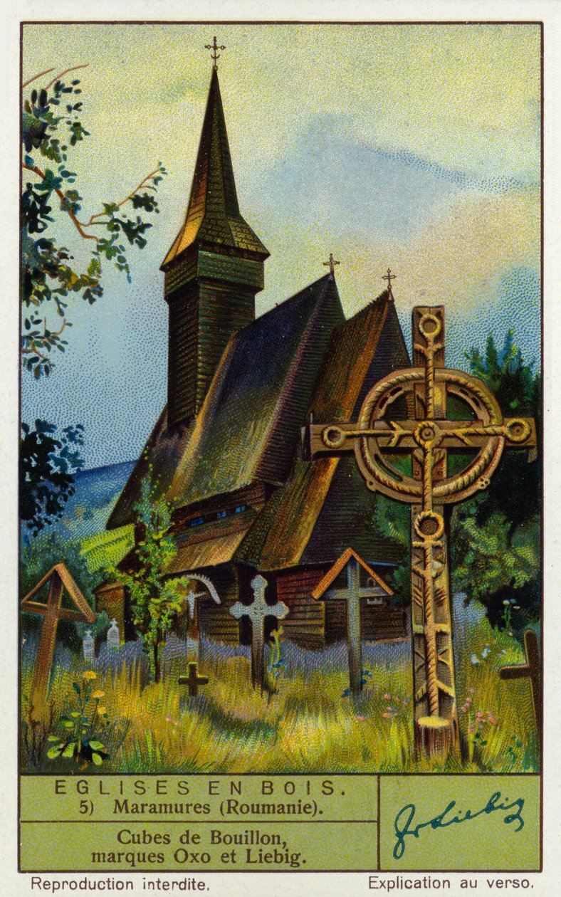 Puukirkko, Maramures, Pohjois-Romania (chromolitho) tekijältä European School