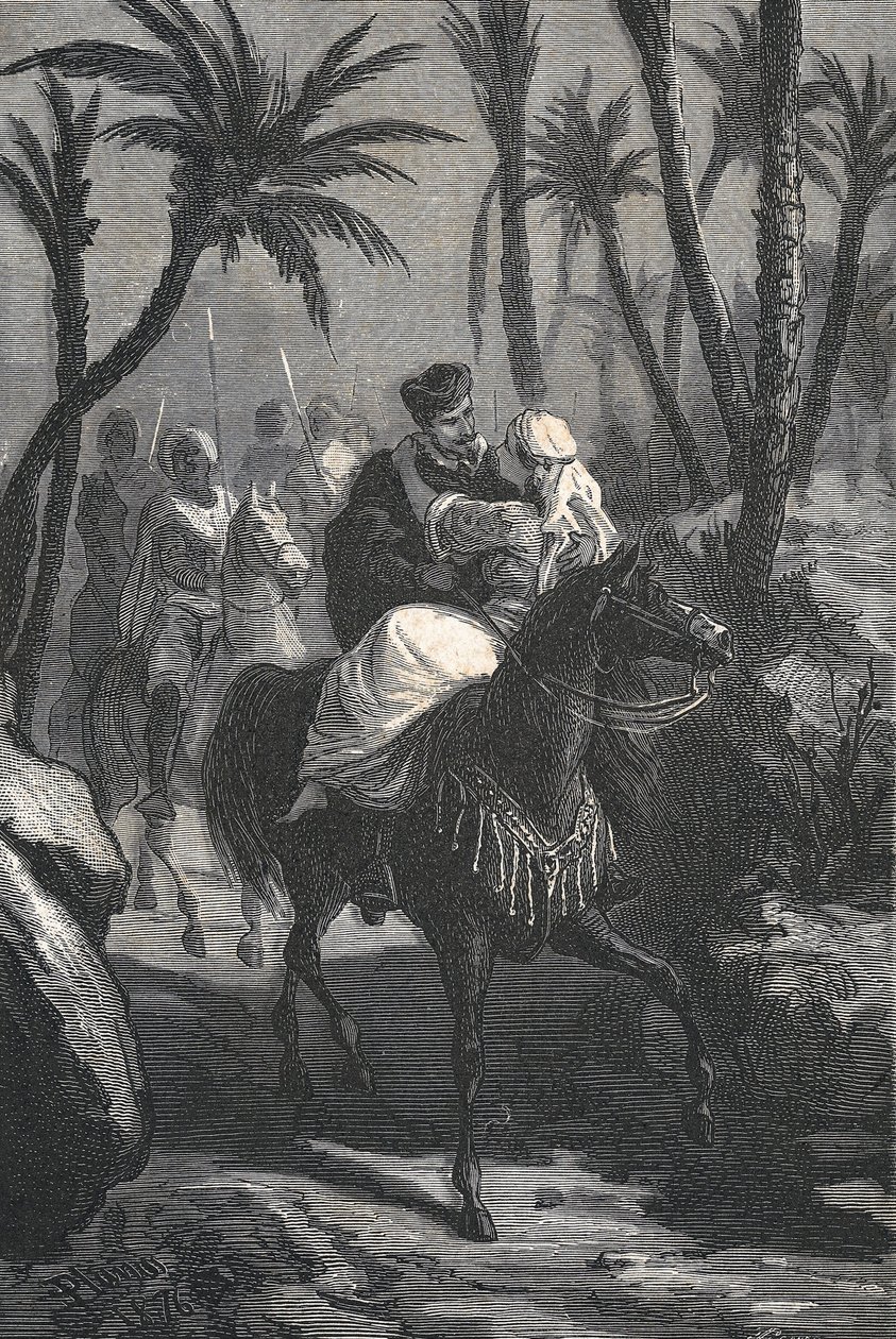 Cervantes ratsastaa naisen kanssa keitaassa tekijältä Eusebio Planas