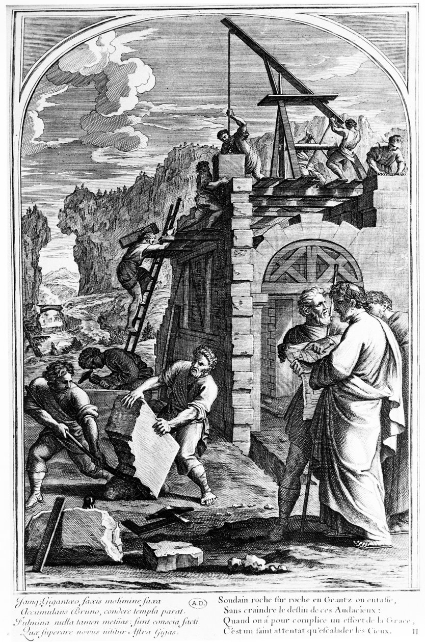 Grande Chartreusen rakennus Saint Brunon elämästä, Francois Chauveaun tekemä vedos. tekijältä Eustache Le Sueur