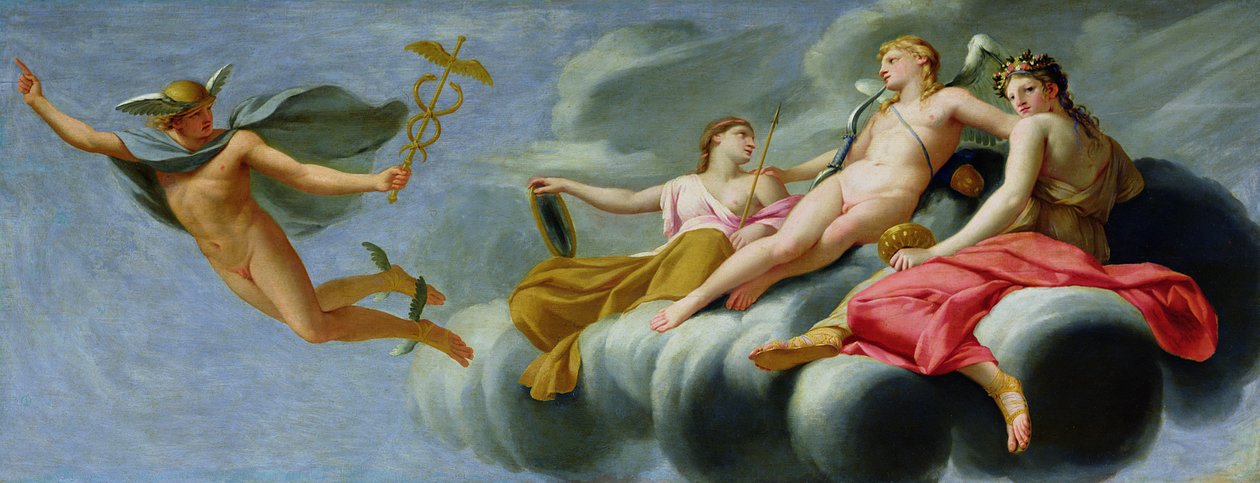Cupid käskee Merkuriusta, jumalten sanansaattajaa, ilmoittamaan rakkauden voimasta universumille, 1646-47 tekijältä Eustache Le Sueur