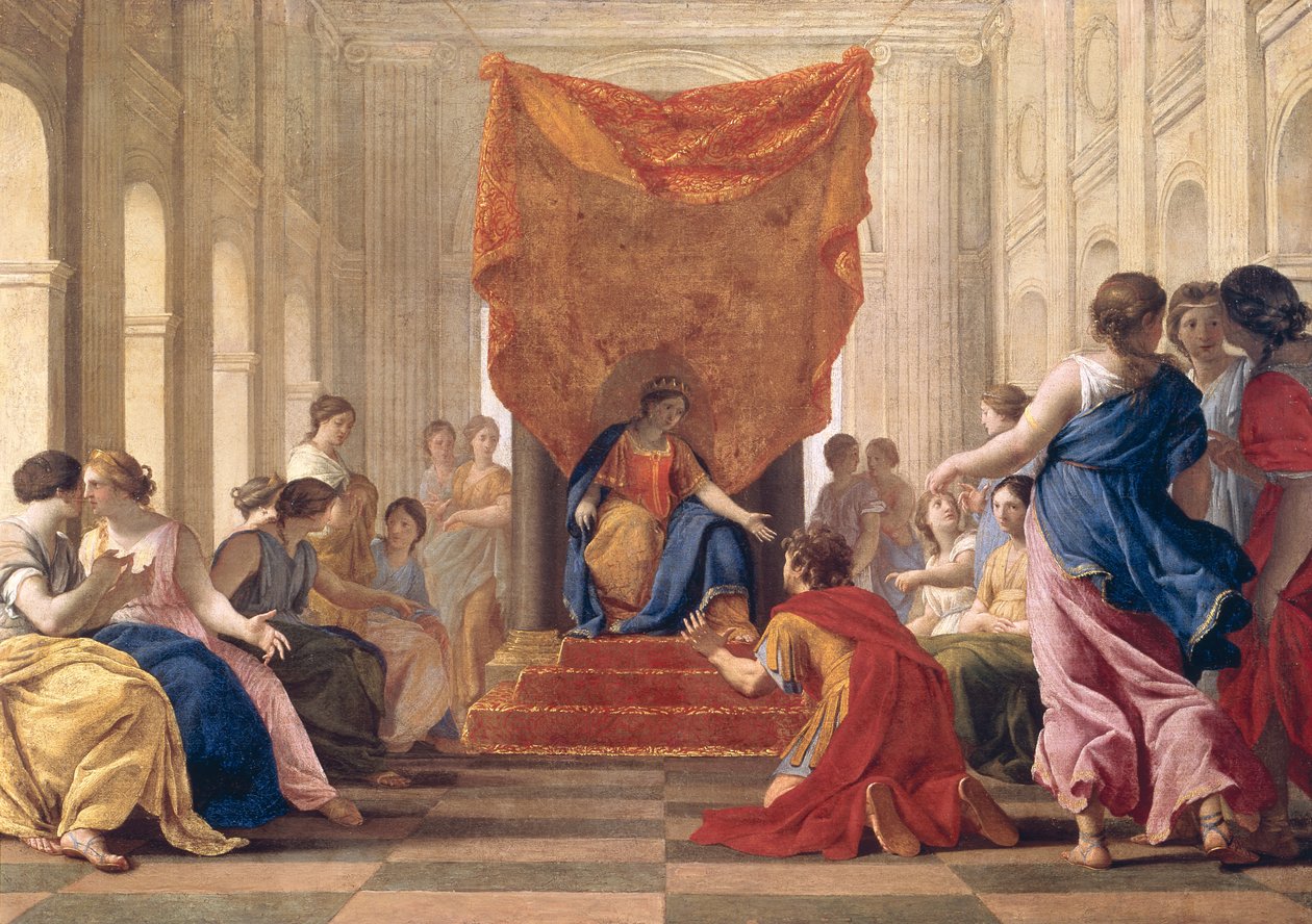 Poliphilus polvistumassa kuningatar Eleuterylidan edessä, n. 1643-1644 tekijältä Eustache Le Sueur