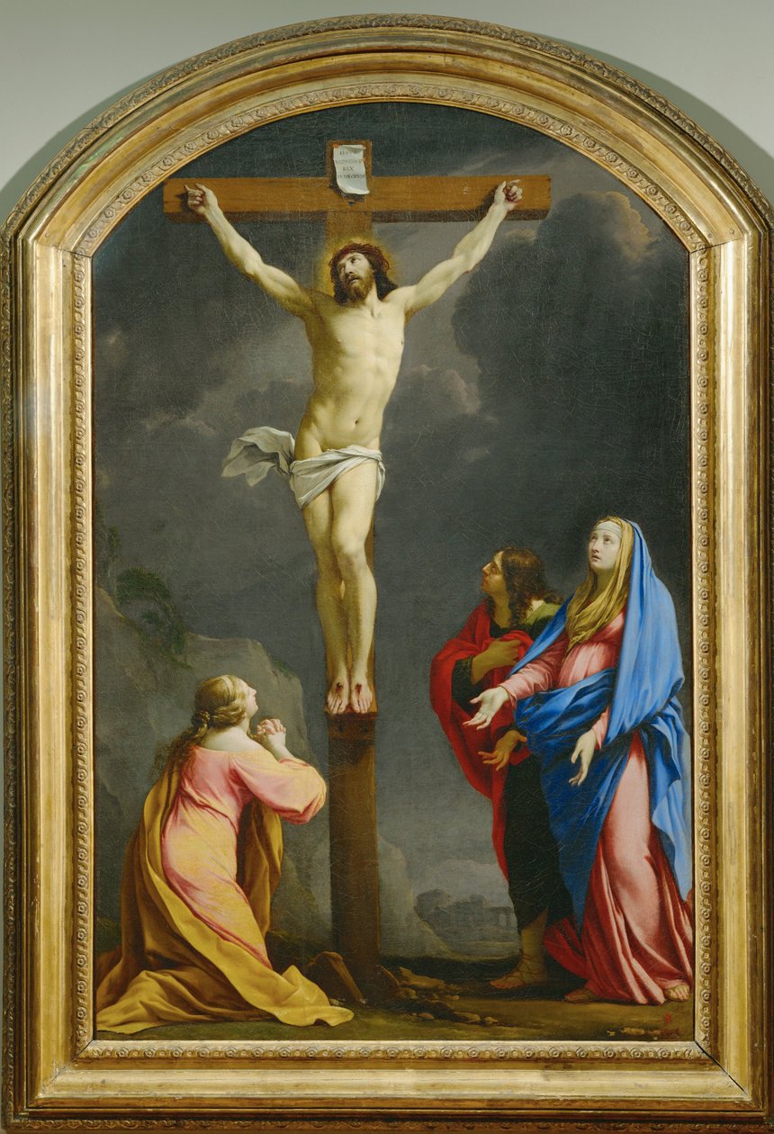 Kristus ristillä Magdaleenan, Neitsyt Marian ja Pyhän Johanneksen välissä - Ristiinnaulitseminen ... tekijältä Eustache (studio of) Le Sueur